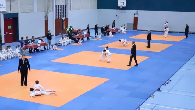 Overzicht van meerdere tatami’s tijdens het Amsterdam Judo Event